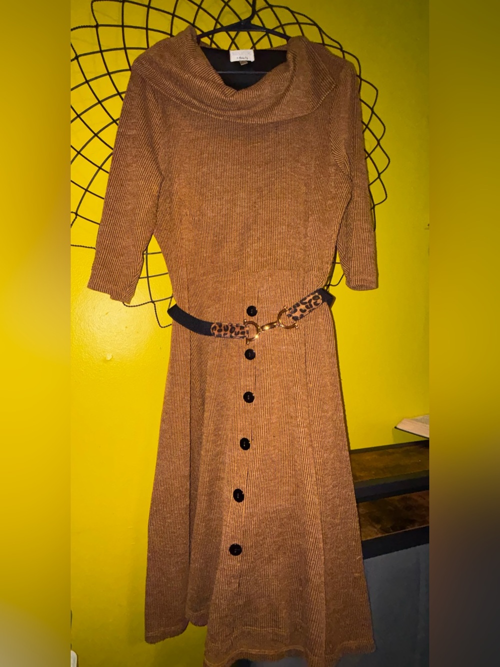 Signature by Robbie Bee Brown Ribbed Cowl-Neck Midi Dress with Sparkly Belt